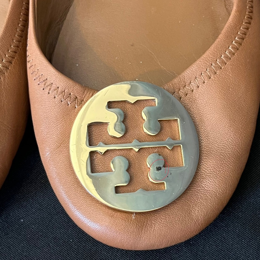 Tory Burch Eleanor Ballet Flats Tan Leather Gold Logo Round Toe Women Size 9 - Picture 6 of 11